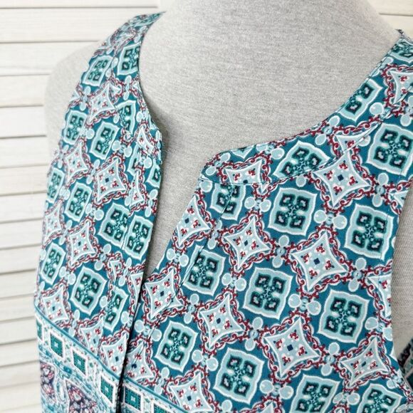 Sanctuary Printed V Neck Button Up Sleeveless Blouse Blue Small - Picture 5 of 13